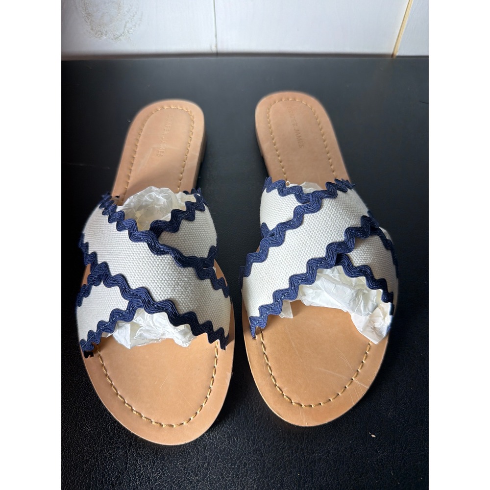 Draper James Womens White Navy Canvas Ric Rac Slide Sandals Size 9